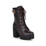 Sales Autumn And Winter Short Boots Pu Korean Version Of The Round Head Waterproof Table High Coarse Tying Buckle Lady Large Size Short Boots HZ0115