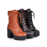 Sales Autumn And Winter Short Boots Pu Korean Version Of The Round Head Waterproof Table High Coarse Tying Buckle Lady Large Size Short Boots HZ0115