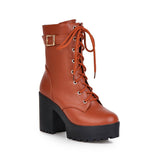 Sales Autumn And Winter Short Boots Pu Korean Version Of The Round Head Waterproof Table High Coarse Tying Buckle Lady Large Size Short Boots HZ0115