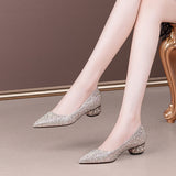 Spring And Autumn 2025 New Pearl Water Drill Shallow Mouth Coarse Single Shoes Women's Flat Shoes Fashion Low-Heeled Large Women's Shoes HZ0115