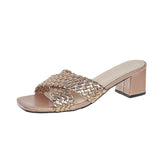 Summer High Heels Women 2025 New Large-Size Weaving Cross With Thick Heel Square Cool Slippers HZ0115