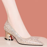 New Chinese Heel Single-Shoe Female Pointed Pearl Water Drill High-End Dating Shoes 2025 Spring And Autumn Temperament With Cheongsam Women's Shoes HZ0115