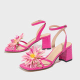 Women's Head Three-Dimensional Flowers Coarse Sandals Women's Shoes Elegant Gorgeous Fashion Rose Red High Heels HZ0115