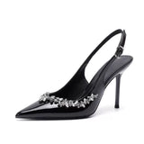 2025 Spring New Fairy French Temperament Single Shoes Black Patent Leather Sandals Women High Heels Fine Tip Drill HZ0115