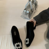 2025 Autumn And Winter New Wedding Shoes Water Drill Head Thick Heel Net Red Single Shoes Women's New French Plus Velvet Bean Shoes HZ0115