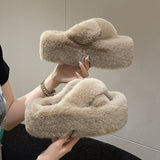 7Cm Thick-Bottomed Fur Slippers Wearing Autumn New Fashion Slope And Loose Cake Bottom-Size Cotton Slippers HZ0115