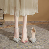 Sandals Women's Summer 2025 New Baotou Hollow Bow High Heels Fairy Pointed Shoes Princess Wind Dress Shoes HZ0115