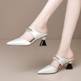 Fashion Women's Shoes 2025 New Fashion Coarse Sandals Pearl Chain Half-Bag Head Slippers High Heels Sandals Dragged White HZ0115