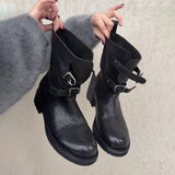 Vintage Belt Buckle Short Barrel Knight Boots Coarse And Western Cowboy Boots Women Thin Round Head Locomotive Short Boots HZ0115