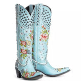 2025 Flowers Blue Coarse And Winter Tip Side Zipper Round Head Female High-Trace Fashion Boots HZ0115