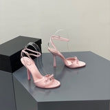 2025 New Summer Bow Silk Satin High Heels Women Feel Water Drill Letters Fine And Exposed Cool Slippers Pink HZ0115