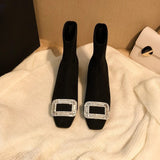 Shine The Artifact! Square Head Showing Thin Elastic Boots In The Short Cylinder With Water Drill Black Thin Skinny Boots HZ0115