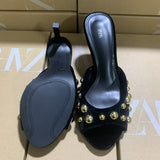 ZA2025 Spring New Rivet Slippers Black Women Wear Round-Headed High-Heeled Shoes HZ0115