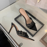High Sense!Champagne Lace Embroidery Tip High Heels Female Feel Fish Mouth Fine Heel Toe-In-Word Drag Sandals HZ0115