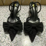 ZA Home 2025 New Women's Shoes Low Heel High Heels High-Heeled Shoes Back Mouth Studded Single Shoes Black Bow HZ0115