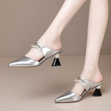 Fashion Women's Shoes 2025 New Fashion Coarse Sandals Pearl Chain Half-Bag Head Slippers High Heels Sandals Dragged White HZ0115