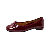 2025 Vintage Bow Patent Leather Bean Shoes Women Flat Summer Autumn Single Shoes Coarse Heel Wine Red HZ0115