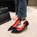 Side-Empty Red-Soled Black High-Heeled Women 2025 New Sexy Temperament Nightclub Fine-Heeled Leather Shallow Single Shoes HZ0115
