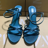 ZA Home 2025 New French High-Heeled Women's Shoes Tip With Cross-Clasp Fashion Dew Sandals Female Peacock Green HZ0115