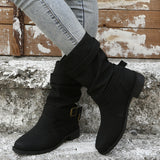 Mid-Pig Boots Women's Size Size 2025 Autumn/Winter Round Head Shed Belt Buckle Decoration Lady Boots HZ0115