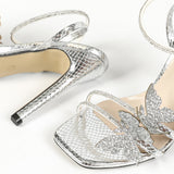 Women's High-Heeled Butterfly Decorative Water Drill With Cross Ankle With Square Head Fine High Heel Sandals HZ0115