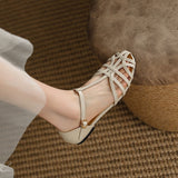 Original Ins Niche~Pouhead Hollow Sandals Women's Summer Retro Roman Buckle Flat Shoes HZ0115