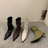 French Temperament High-Heeled Thin Short Boots Women's Shoes 2025 New Brown Autumn And Winter Plus Velvet Tip Boots Small Bare Boots HZ0115