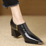 French Temperament With Comfortable Side Zipper Is Not Tired British Style Retro Leather Shoes Tips Deep Mouth Coarse Single Shoes HZ0115