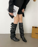 Folded Piles Of Long Boots Women Western Boots Coarse But Knee Belt Buckle Trouser Boots HZ0115