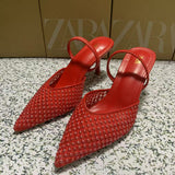 ZA Home 2025 New Pointed Shoes Slippers And Women's Fine With 2025 Summer New Hollow Mesh Yarn Half Drag Woman HZ0115