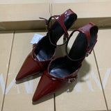 ZA Home 2025 Fashion New Pointed Women's Shoes Classic White Patent Leather Shallow Heel Stumbling Women's High Heel Sandals HZ0115