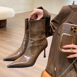 Vintage Pointed Short Boots Children 2025 New Temperament High-Heeled Shoes Patent Leather Skin Skin Skin Skin Skin Skin Skin Boots HZ0115