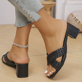 Summer High Heels Women 2025 New Large-Size Weaving Cross With Thick Heel Square Cool Slippers HZ0115