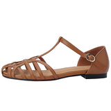 Original Ins Niche~Pouhead Hollow Sandals Women's Summer Retro Roman Buckle Flat Shoes HZ0115