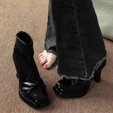 Fang With Thick Bottom Height Small Ankle Boots Women 2025 Autumn New Square Bows Short Boots French Elegant Thin Skin Boots HZ0115