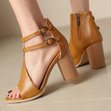 Solid Color Buckle Women's Cool Boots 2025 New Round Head Fashion Large-Size Fish Mouth Coarse Heel High-Heeled Women's Shoes HZ0115