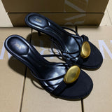 ZAJ2025 Spring New Women's Shoes Black Metal Details Decorating Round Head Fine High Heel Elegant Fashion Sandals HZ0115