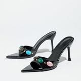 Exploding Point Roman Beads Fine Heel Front Feet Hollow Fashion Black High-Heeled Shoes HZ0115