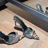 Cool Slippers Women 2025 New Summer Wearing High Heels Fine Tips Drill Leopard Prints High-End Dress HZ0115