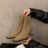 High-Heeled Korean Small Ankles Velvet Martin Boots Women's Shoes 2025 New Autumn And Winter Plus Velvet Square Head Thin Short Boots HZ0115