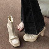 Fang With Thick Bottom Height Small Ankle Boots Women 2025 Autumn New Square Bows Short Boots French Elegant Thin Skin Boots HZ0115