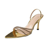Women's Snake-Print Water Drill Belt After The Tip Of The Fine Heel Sandals Gold High Heels HZ0115
