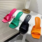 High-Hee Slippers Women's 2025 Summer New Square Head Thick And One-Word Fashion Wearing Large-Size Cold Slippers HZ0115