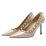 2025 Spring And Summer New Rivet Tip High Heel Female Fine Leather Black Patent Leather OL Nightclub Ultra-High Heel Single Shoes HZ0115