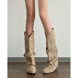 Brown Western Cowboy Boots Pile Of Waste Soil Pile Boots Women Raised Thin Retro Boots HZ0115