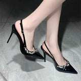 2025 Spring New Fairy French Temperament Single Shoes Black Patent Leather Sandals Women High Heels Fine Tip Drill HZ0115