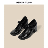 Mary Jane Shoes Retro British Wind Hepburn Black High-Theeled Thick Side-Shoe Single-Shoe Woman HZ0115