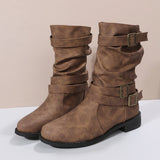 Mid-Pig Boots Women's Size Size 2025 Autumn/Winter Round Head Shed Belt Buckle Decoration Lady Boots HZ0115