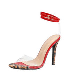 Women's Butterfly Decoration Water Drill Cross After The Belt Side Toe Coarse Sandals Women's Shoes Red Leopard Print HZ0115