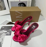 ZAJ2025 Spanish Summer New Women's Shoes Big Bows Decorated With Filts Rose Fine High Heel Sandals HZ0115